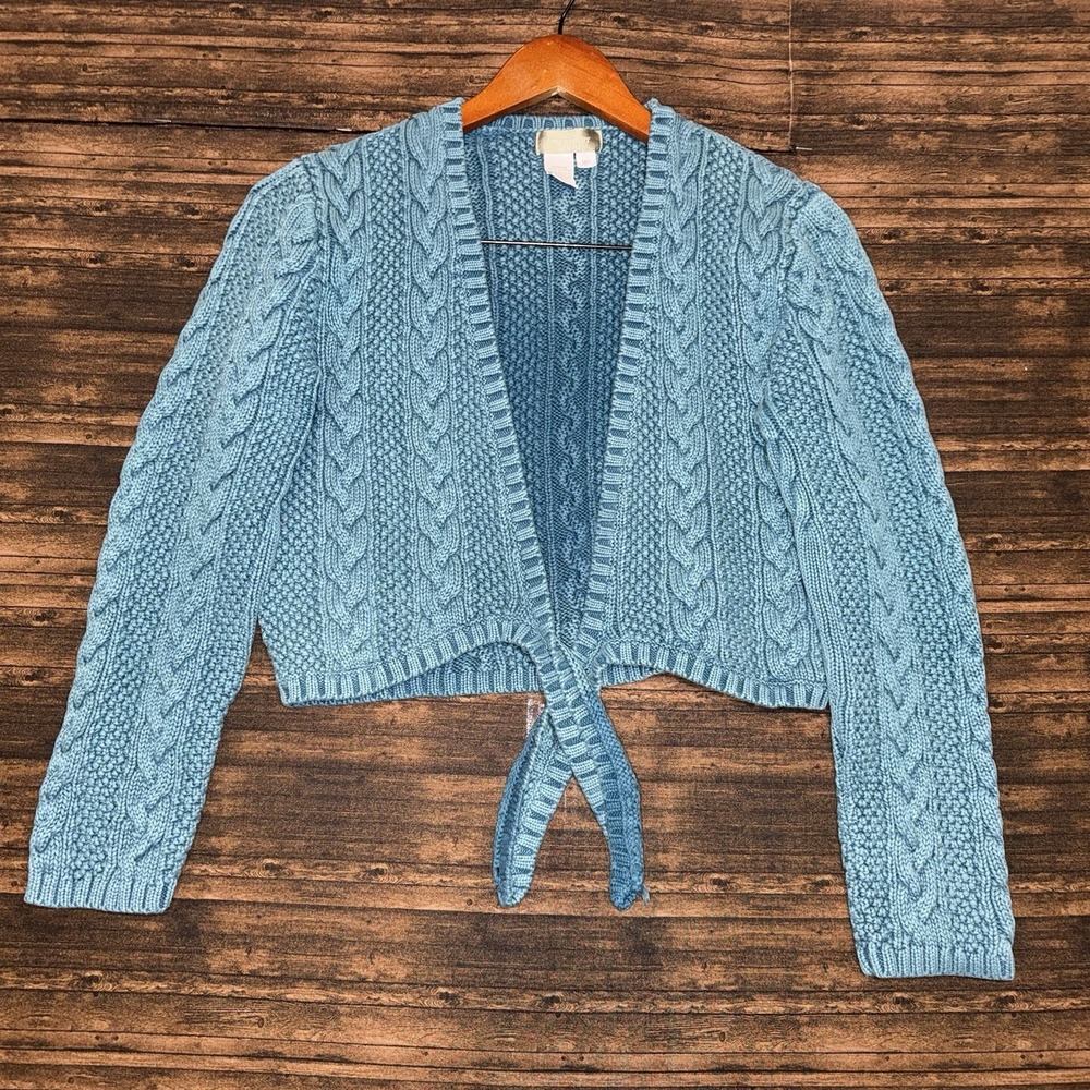 Vtg The Territory Ahead Cable Knit Cropped Tie Front Cardigan Sweater MP Blue